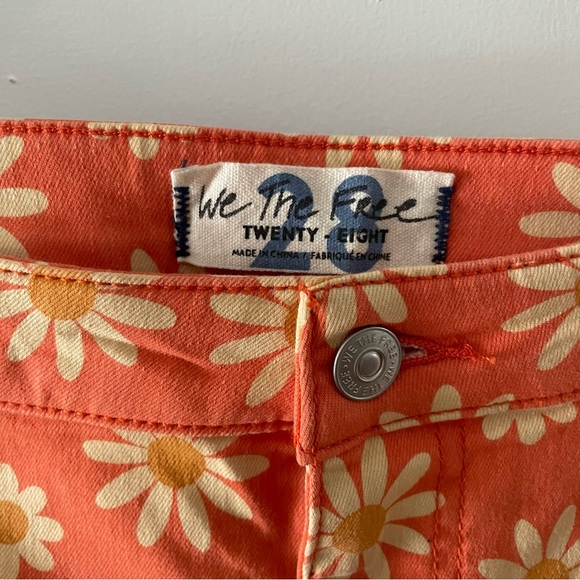 FREE PEOPLE Bell-bottom flare jeans flower print bright orange US Size 28 - Picture 3 of 4